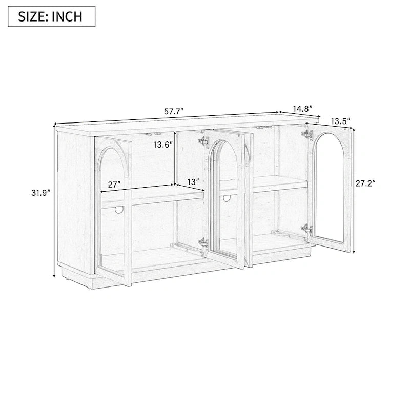 Buffet de rangement 4 portes avec portes en verre arquées et étagères réglables