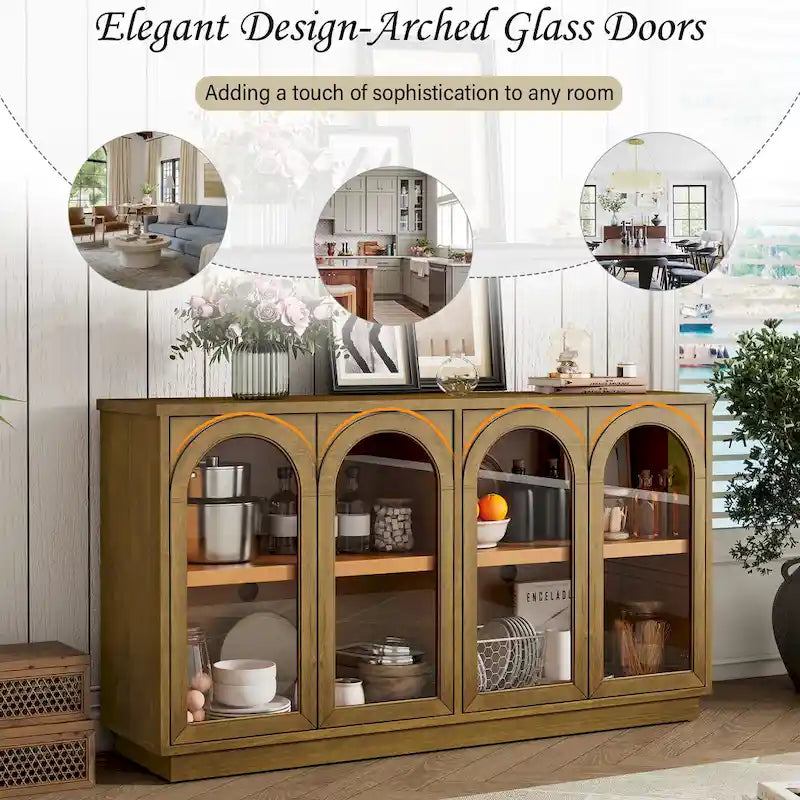 Buffet de rangement 4 portes avec portes en verre arquées et étagères réglables
