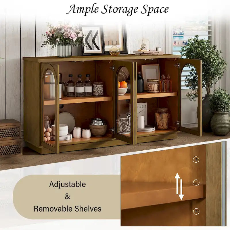 Buffet de rangement 4 portes avec portes en verre arquées et étagères réglables