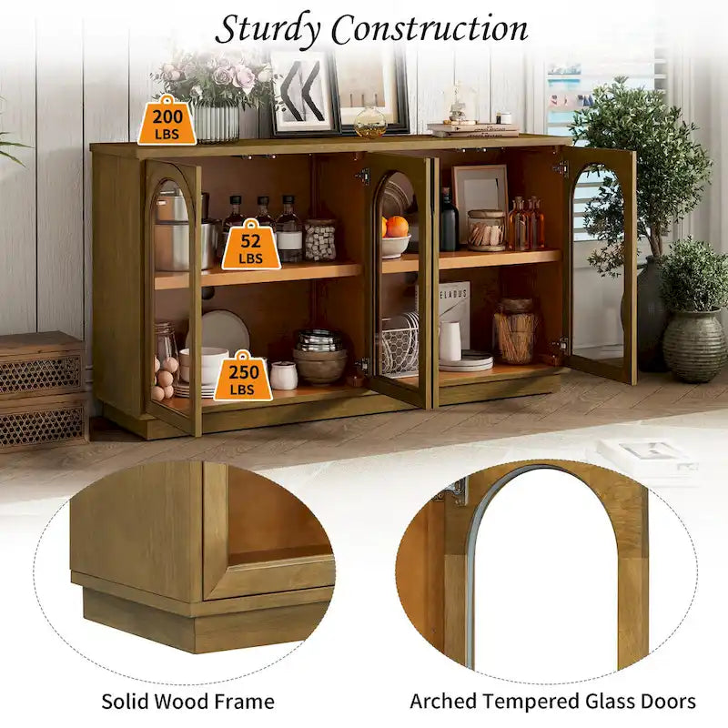 Buffet de rangement 4 portes avec portes en verre arquées et étagères réglables