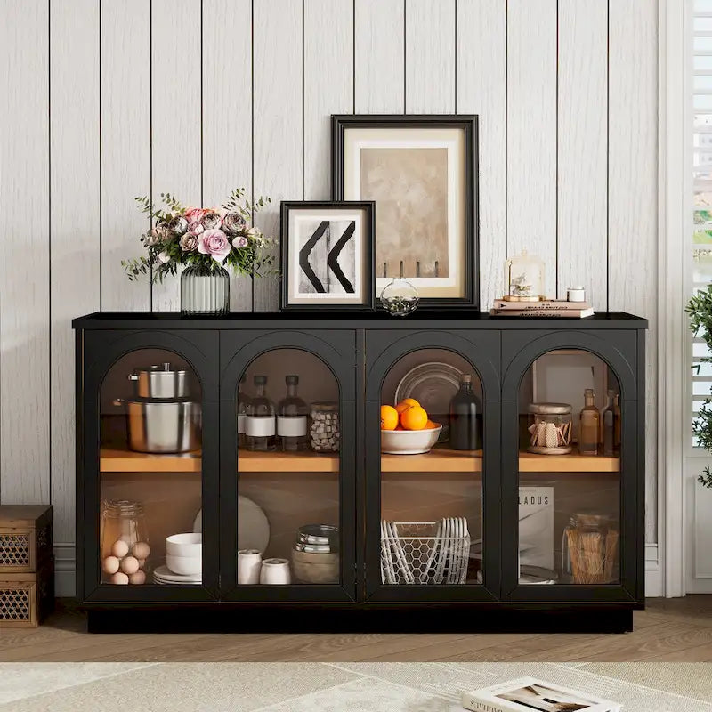 Buffet de rangement 4 portes avec portes en verre arquées et étagères réglables