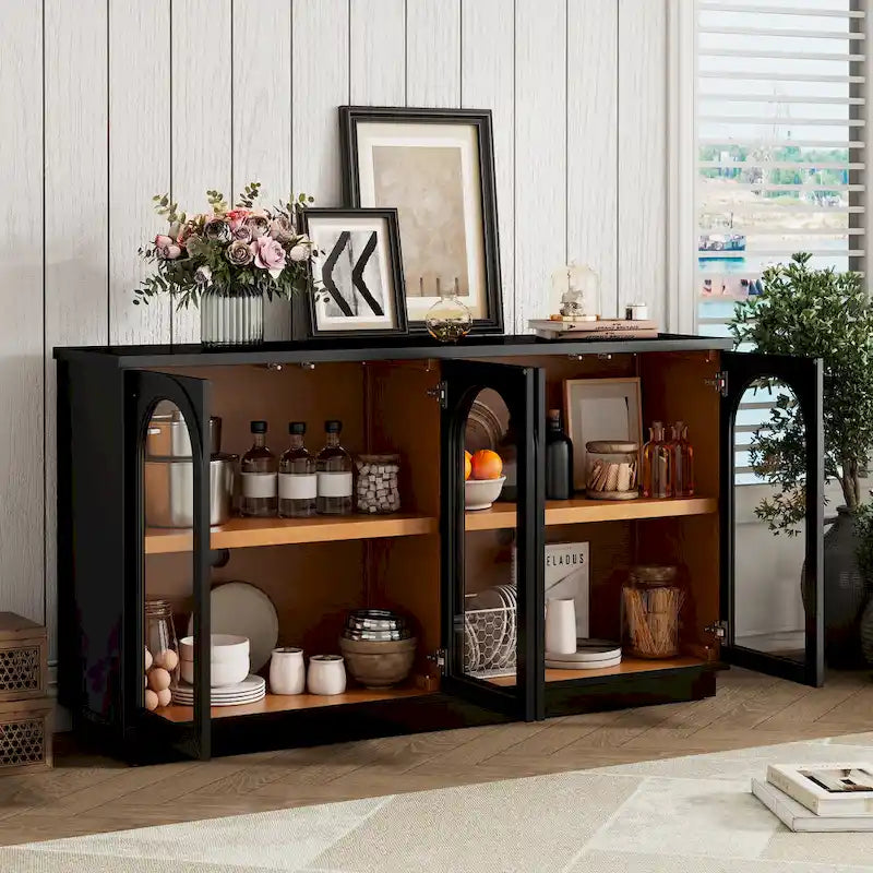 Buffet de rangement 4 portes avec portes en verre arquées et étagères réglables