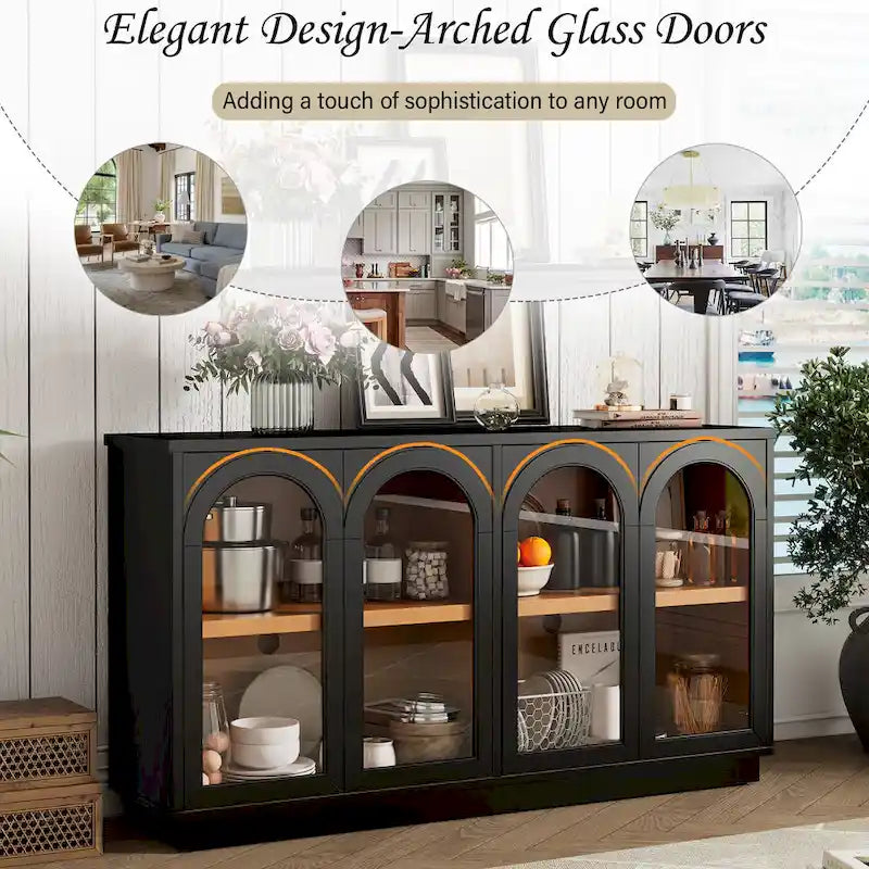 Buffet de rangement 4 portes avec portes en verre arquées et étagères réglables
