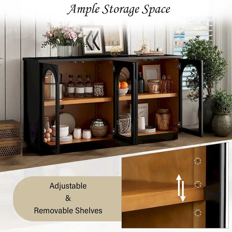 Buffet de rangement 4 portes avec portes en verre arquées et étagères réglables