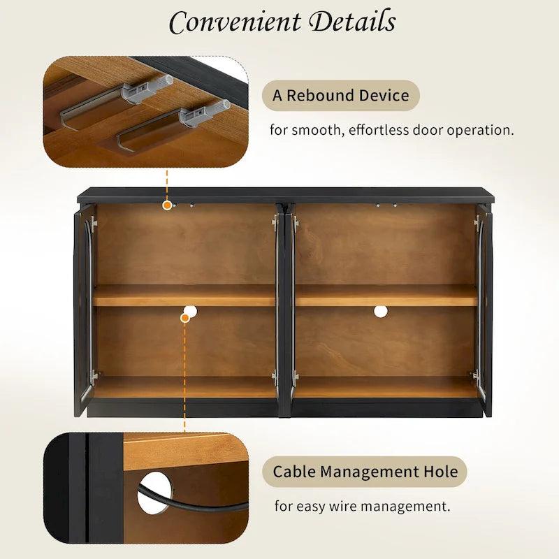 Buffet de rangement 4 portes avec portes en verre arquées et étagères réglables