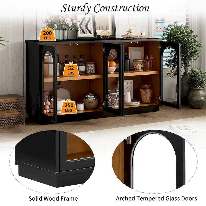 Buffet de rangement 4 portes avec portes en verre arquées et étagères réglables