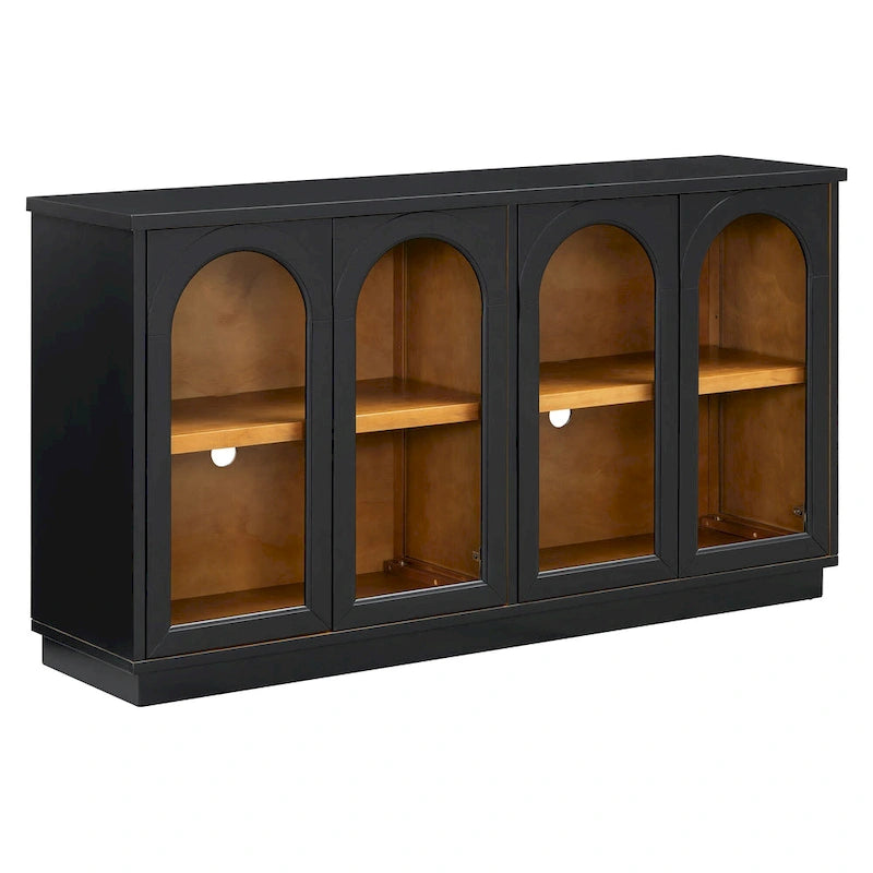 Buffet de rangement 4 portes avec portes en verre arquées et étagères réglables