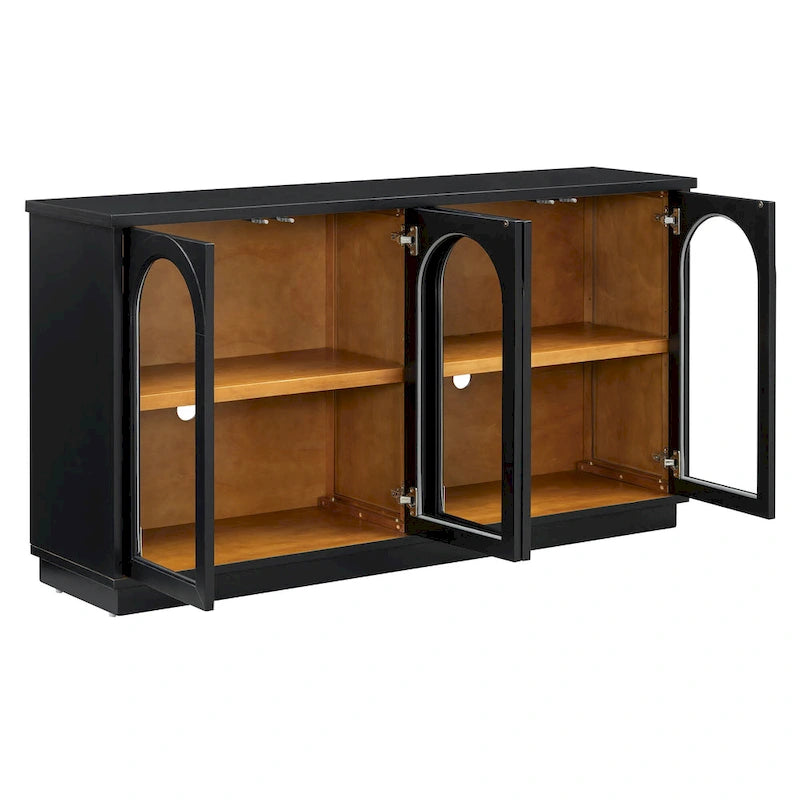 Buffet de rangement 4 portes avec portes en verre arquées et étagères réglables