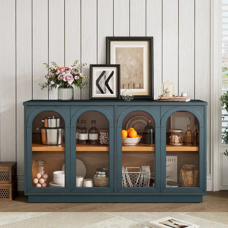 Buffet de rangement 4 portes avec portes en verre arquées et étagères réglables