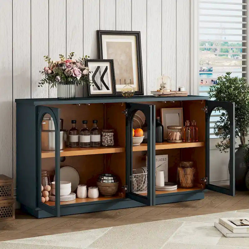 Buffet de rangement 4 portes avec portes en verre arquées et étagères réglables