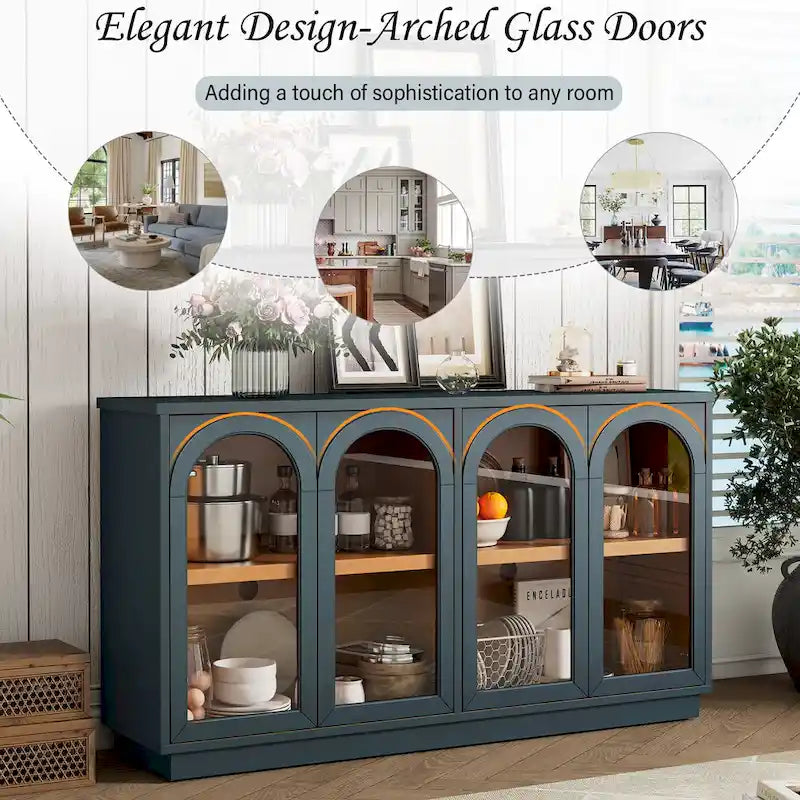 Buffet de rangement 4 portes avec portes en verre arquées et étagères réglables