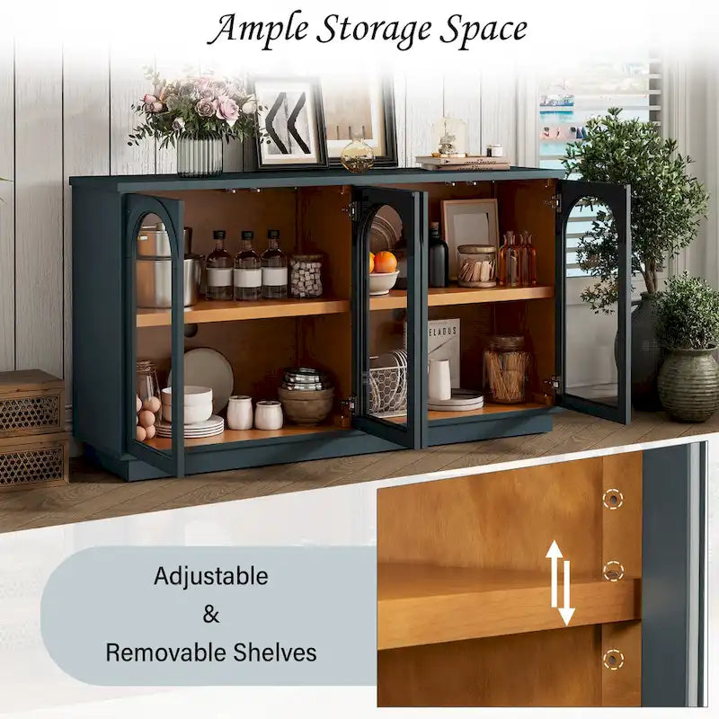 Buffet de rangement 4 portes avec portes en verre arquées et étagères réglables