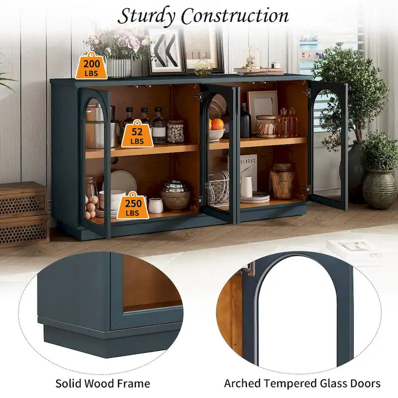 Buffet de rangement 4 portes avec portes en verre arquées et étagères réglables