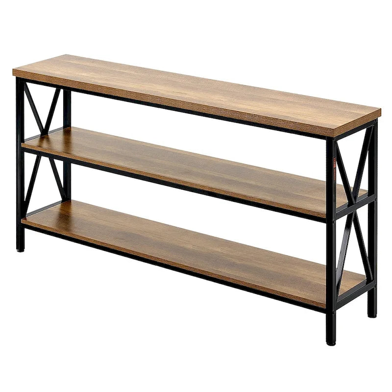 Table console en MDF et métal noir marron, table de couloir longue à 3 niveaux Capacité de charge supérieure 109 kg - 140 cm L x 34 cm l x 76 cm H