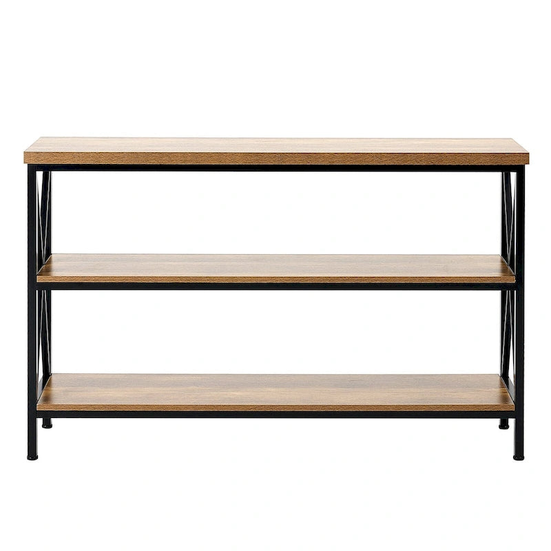 Table console en MDF et métal noir marron, table de couloir longue à 3 niveaux Capacité de charge supérieure 109 kg - 140 cm L x 34 cm l x 76 cm H