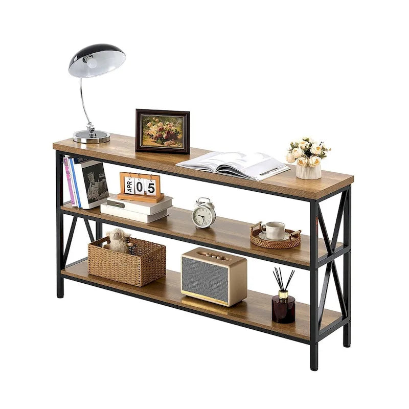 Table console en MDF et métal noir marron, table de couloir longue à 3 niveaux Capacité de charge supérieure 109 kg - 140 cm L x 34 cm l x 76 cm H