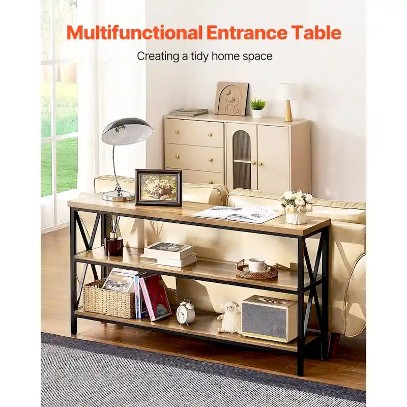 Table console en MDF et métal noir marron, table de couloir longue à 3 niveaux Capacité de charge supérieure 109 kg - 140 cm L x 34 cm l x 76 cm H