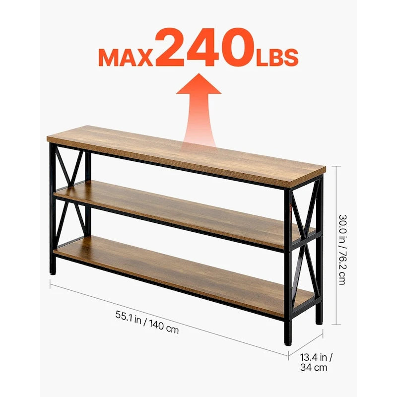 Table console en MDF et métal noir marron, table de couloir longue à 3 niveaux Capacité de charge supérieure 109 kg - 140 cm L x 34 cm l x 76 cm H
