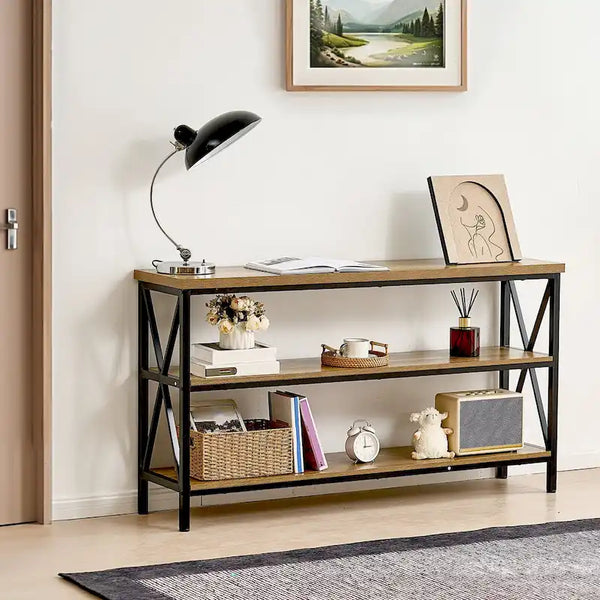 Table console en MDF et métal noir marron, table de couloir longue à 3 niveaux Capacité de charge supérieure 109 kg - 140 cm L x 34 cm l x 76 cm H