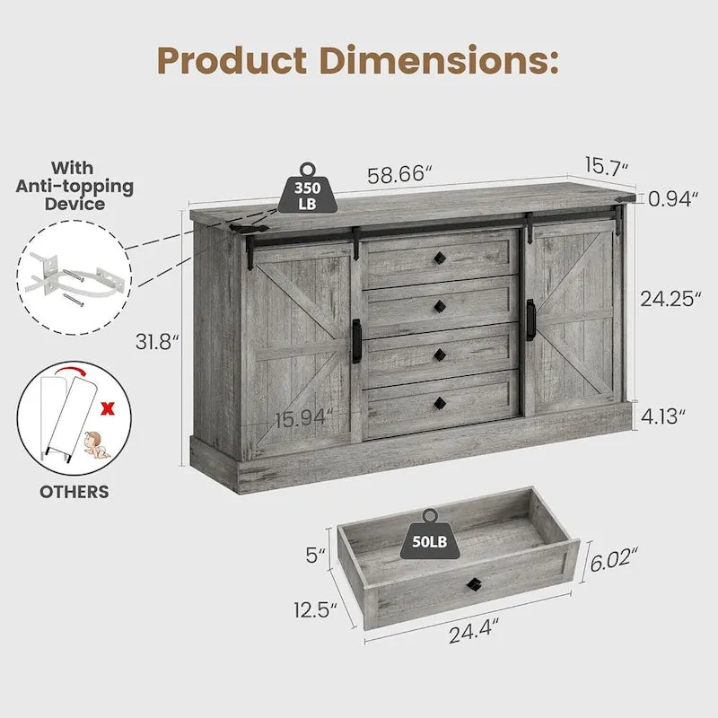 Farmhouse 4 Drawer Dresser for Bedroom, Living Room