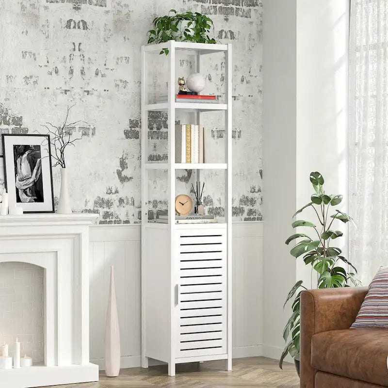 Meuble de rangement étroit pour salle de bain, tour de 170 cm de hauteur sur pied avec porte persienne et étagères ouvertes