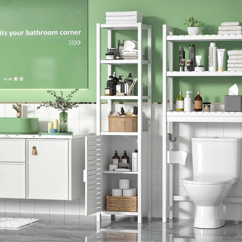 Meuble de rangement étroit pour salle de bain, tour de 170 cm de hauteur sur pied avec porte persienne et étagères ouvertes
