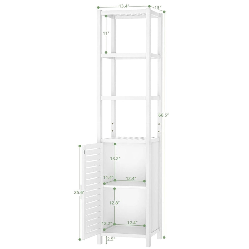 Meuble de rangement étroit pour salle de bain, tour de 170 cm de hauteur sur pied avec porte persienne et étagères ouvertes