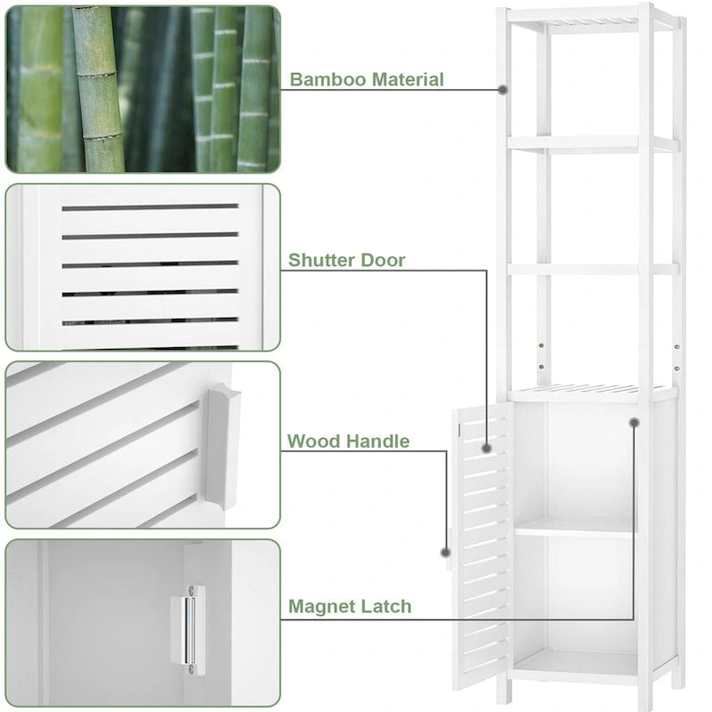 Meuble de rangement étroit pour salle de bain, tour de 170 cm de hauteur sur pied avec porte persienne et étagères ouvertes