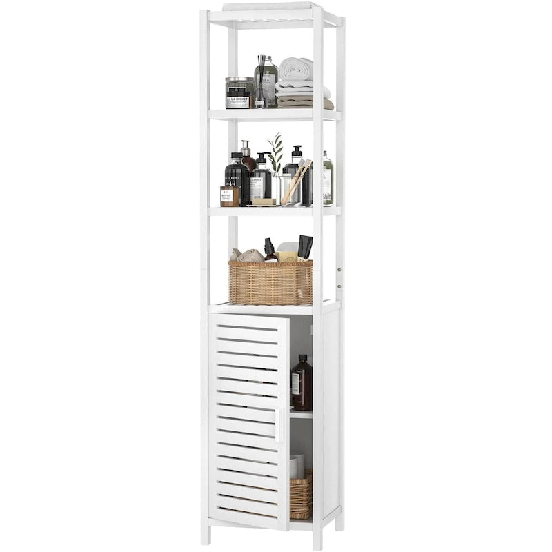 Meuble de rangement étroit pour salle de bain, tour de 170 cm de hauteur sur pied avec porte persienne et étagères ouvertes