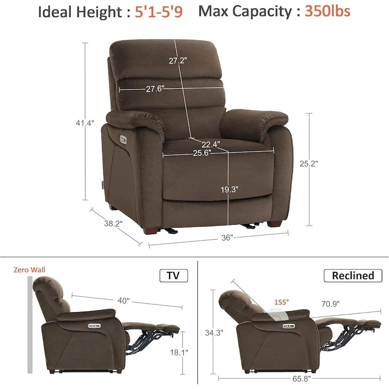 Fauteuil inclinable électrique gain de place avec appui-tête réglable, idéal pour les petits espaces et les camping-cars, Tissu