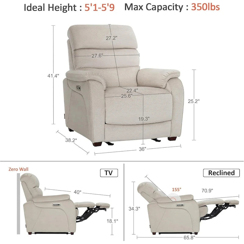 Fauteuil inclinable électrique gain de place avec appui-tête réglable, idéal pour les petits espaces et les camping-cars, Tissu