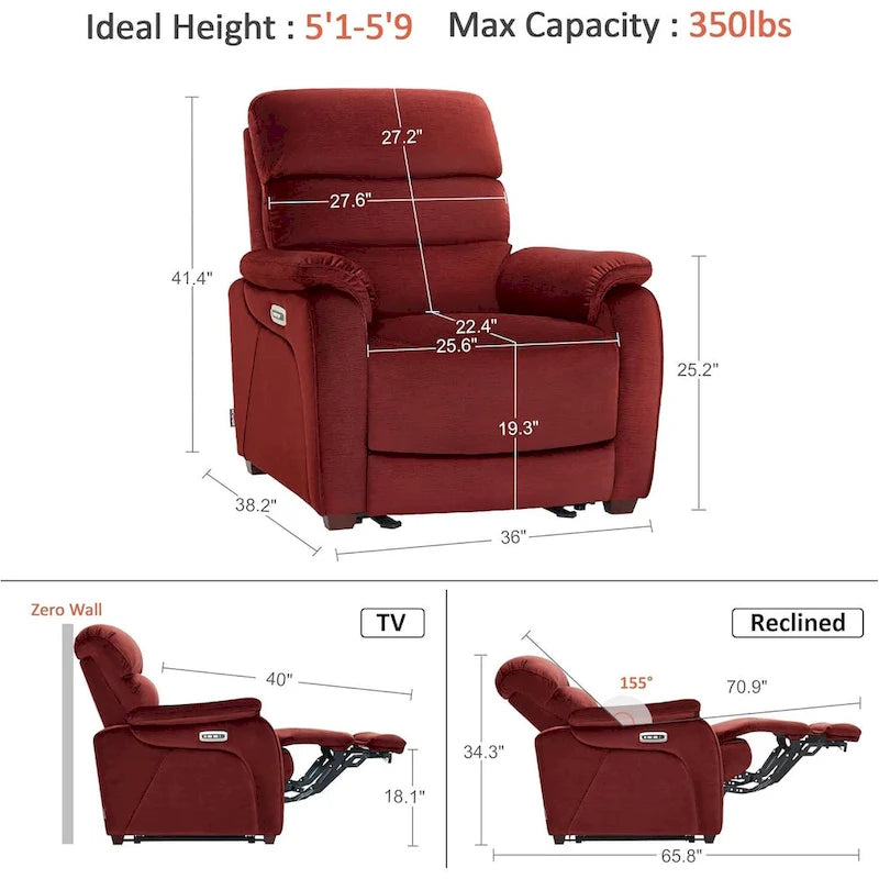 Fauteuil inclinable électrique gain de place avec appui-tête réglable, idéal pour les petits espaces et les camping-cars, Tissu