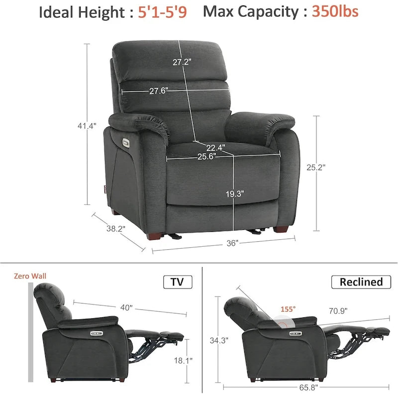 Fauteuil inclinable électrique gain de place avec appui-tête réglable, idéal pour les petits espaces et les camping-cars, Tissu