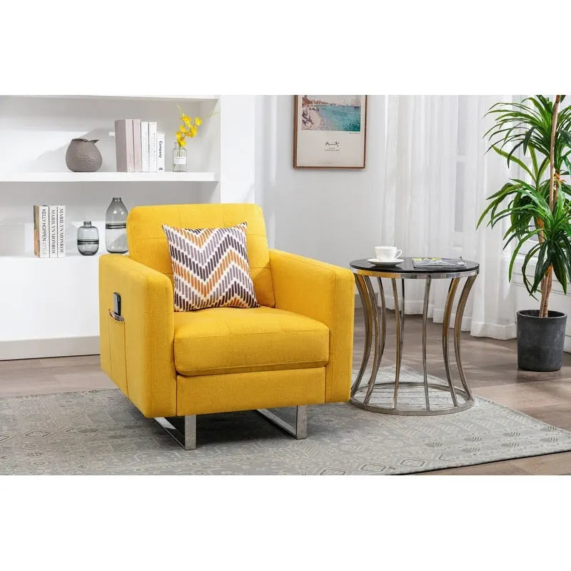 Fauteuil en tissu de lin avec pieds en métal, poches latérales et oreiller