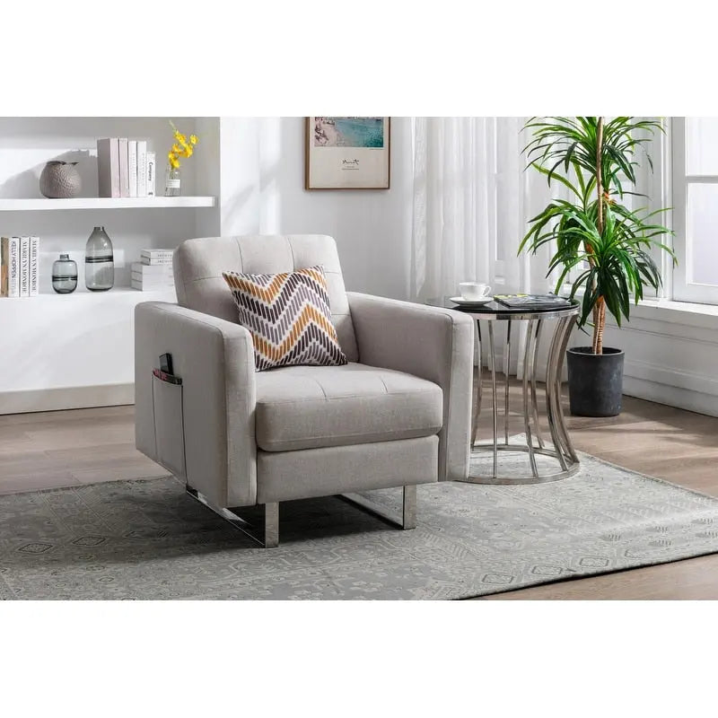 Fauteuil en tissu de lin avec pieds en métal, poches latérales et oreiller