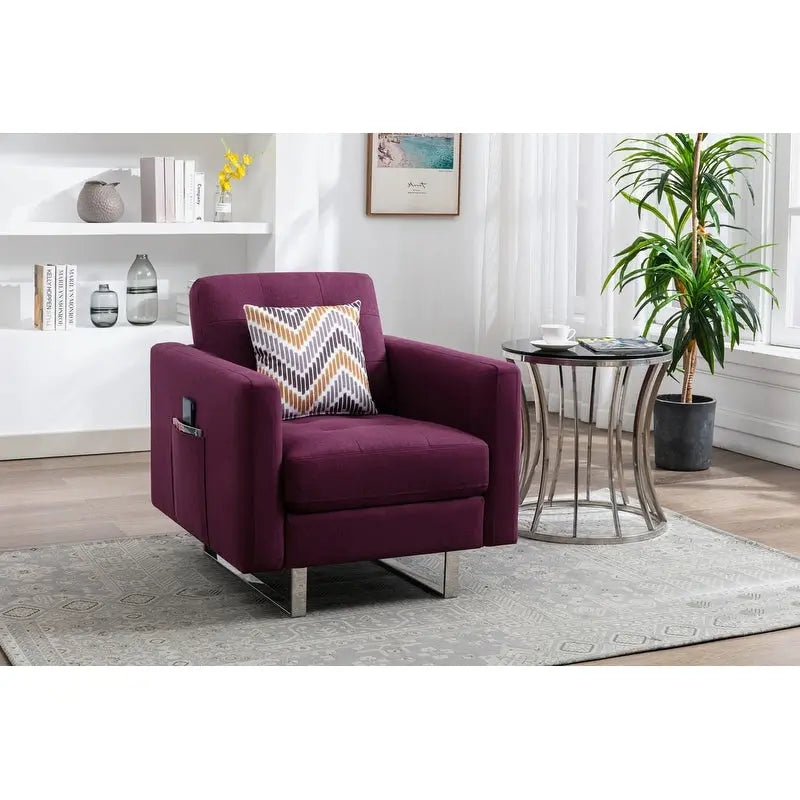 Fauteuil en tissu de lin avec pieds en métal, poches latérales et oreiller