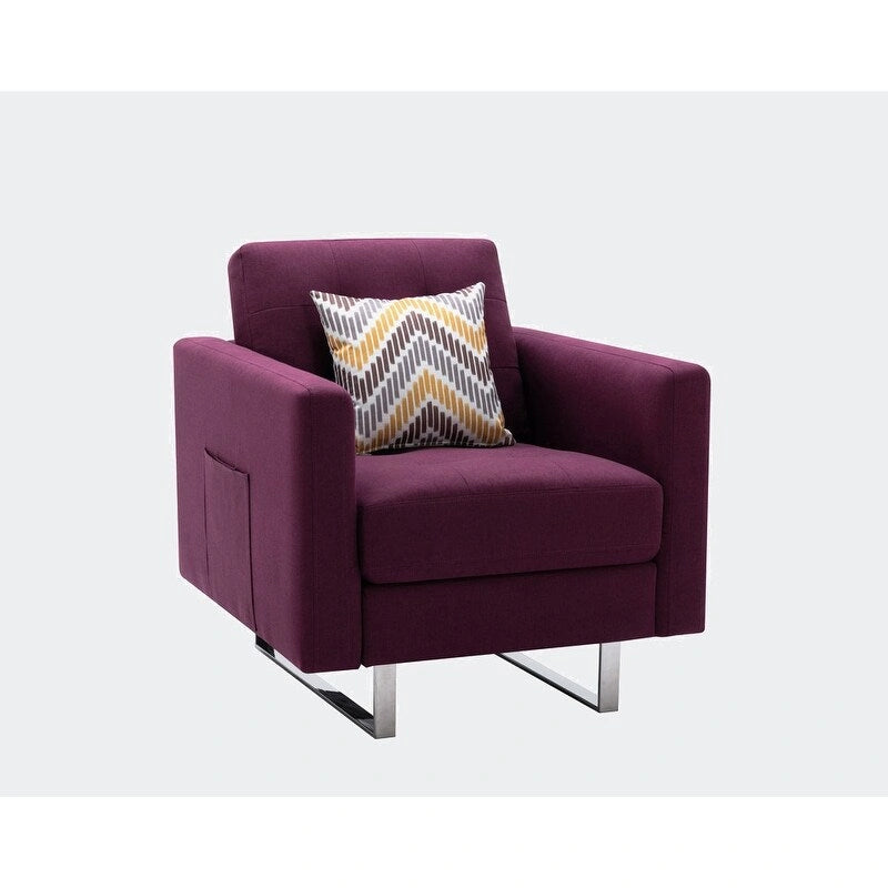 Fauteuil en tissu de lin avec pieds en métal, poches latérales et oreiller