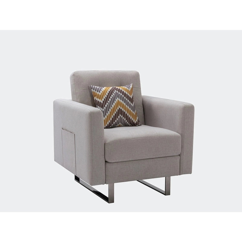 Fauteuil en tissu de lin avec pieds en métal, poches latérales et oreiller