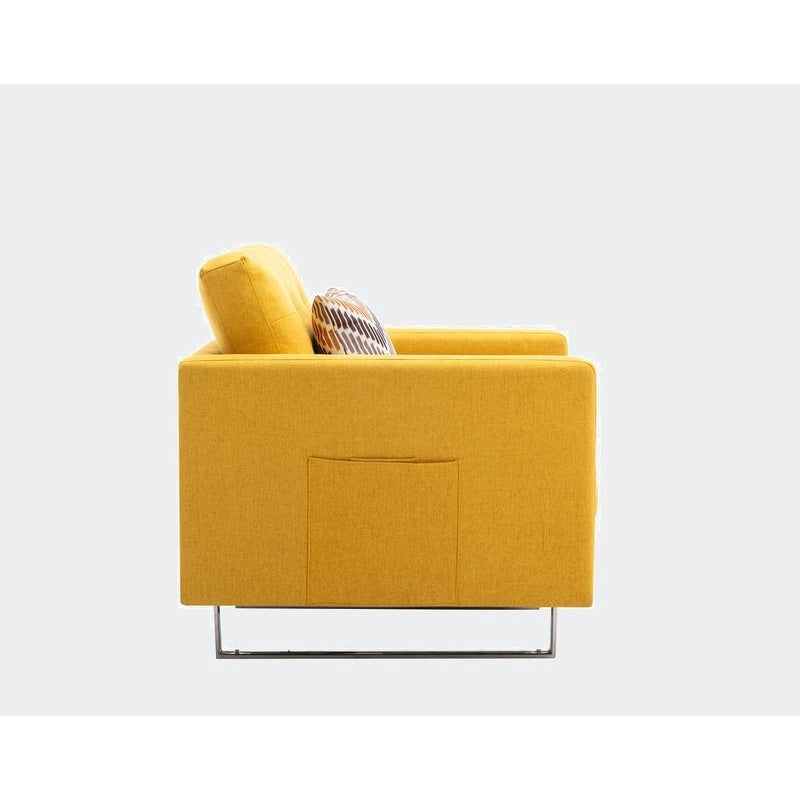 Fauteuil en tissu de lin avec pieds en métal, poches latérales et oreiller
