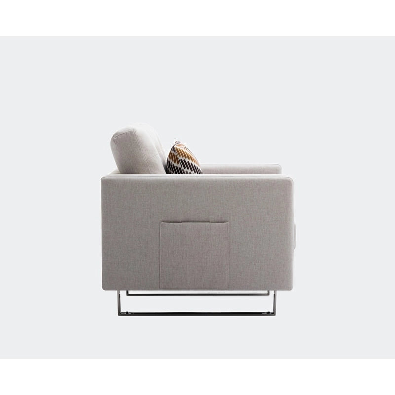 Fauteuil en tissu de lin avec pieds en métal, poches latérales et oreiller