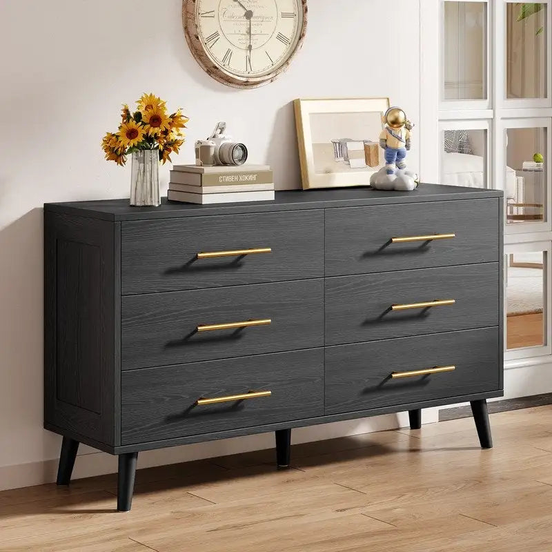 Commode double en bois à 6 tiroirs, Meuble de rangement, Meuble TV pour Chambre à coucher, Salon et Entrée