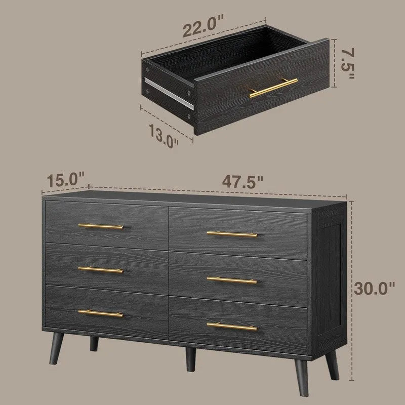 Commode double en bois à 6 tiroirs, Meuble de rangement, Meuble TV pour Chambre à coucher, Salon et Entrée