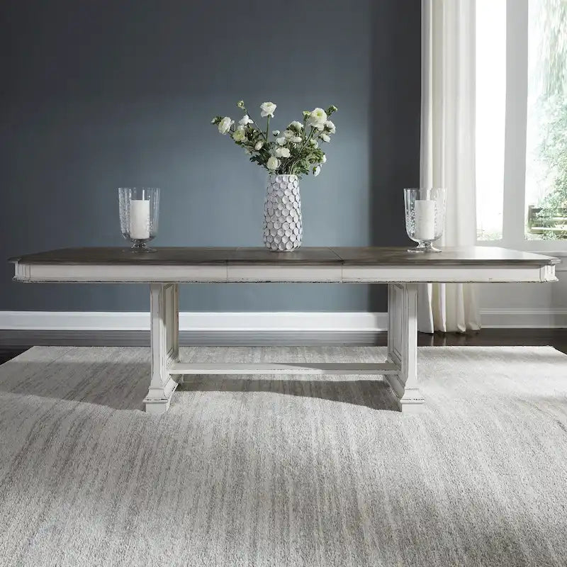 Table à tréteaux brun vieilli et blanc antique