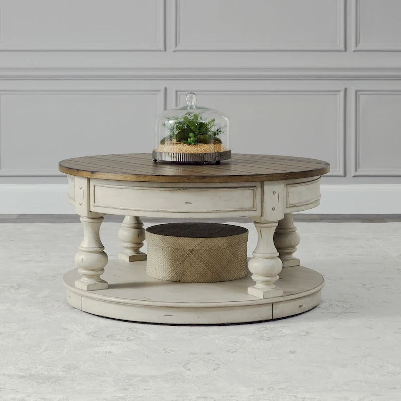Table basse ronde Antique White et Tobacco