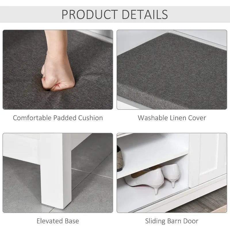 Banc à chaussures d'entrée avec rangement, ottoman avec étagères réglables, 6 compartiments et siège rembourré, Blanc/Gris