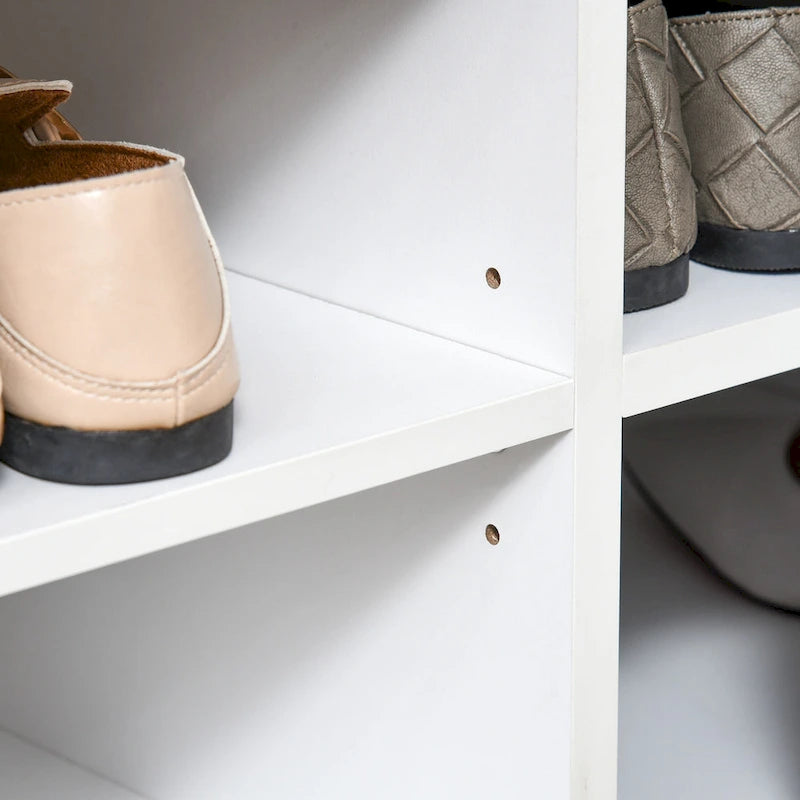 Banc à chaussures d'entrée avec rangement, ottoman avec étagères réglables, 6 compartiments et siège rembourré, Blanc/Gris
