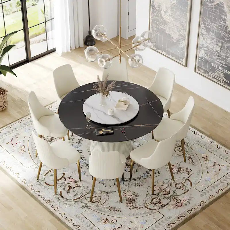 59 Table à manger ronde moderne pour 8 personnes, plateau en pierre frittée noire avec plateau tournant
