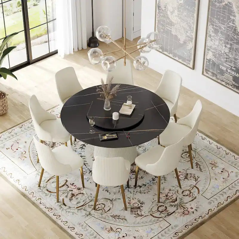 59 Table à manger ronde moderne pour 8 personnes, plateau en pierre frittée noire avec plateau tournant