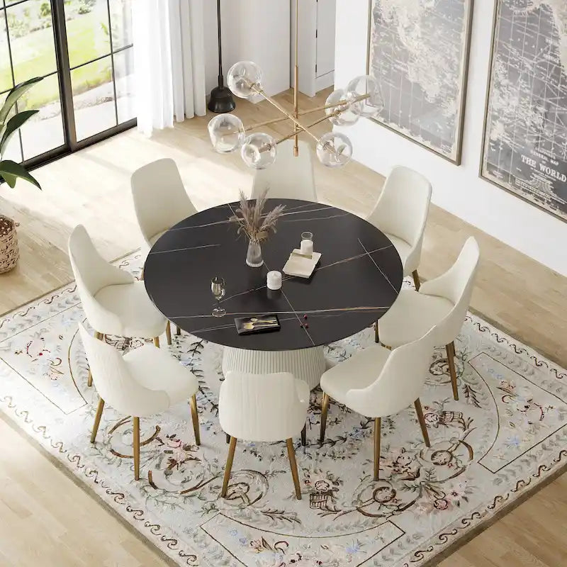 59 Table à manger ronde moderne pour 8 personnes, plateau en pierre frittée noire avec plateau tournant
