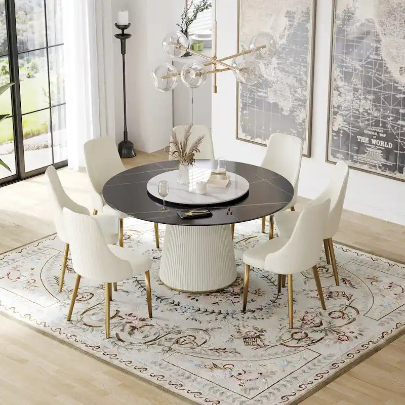59 Table à manger ronde moderne pour 8 personnes, plateau en pierre frittée noire avec plateau tournant